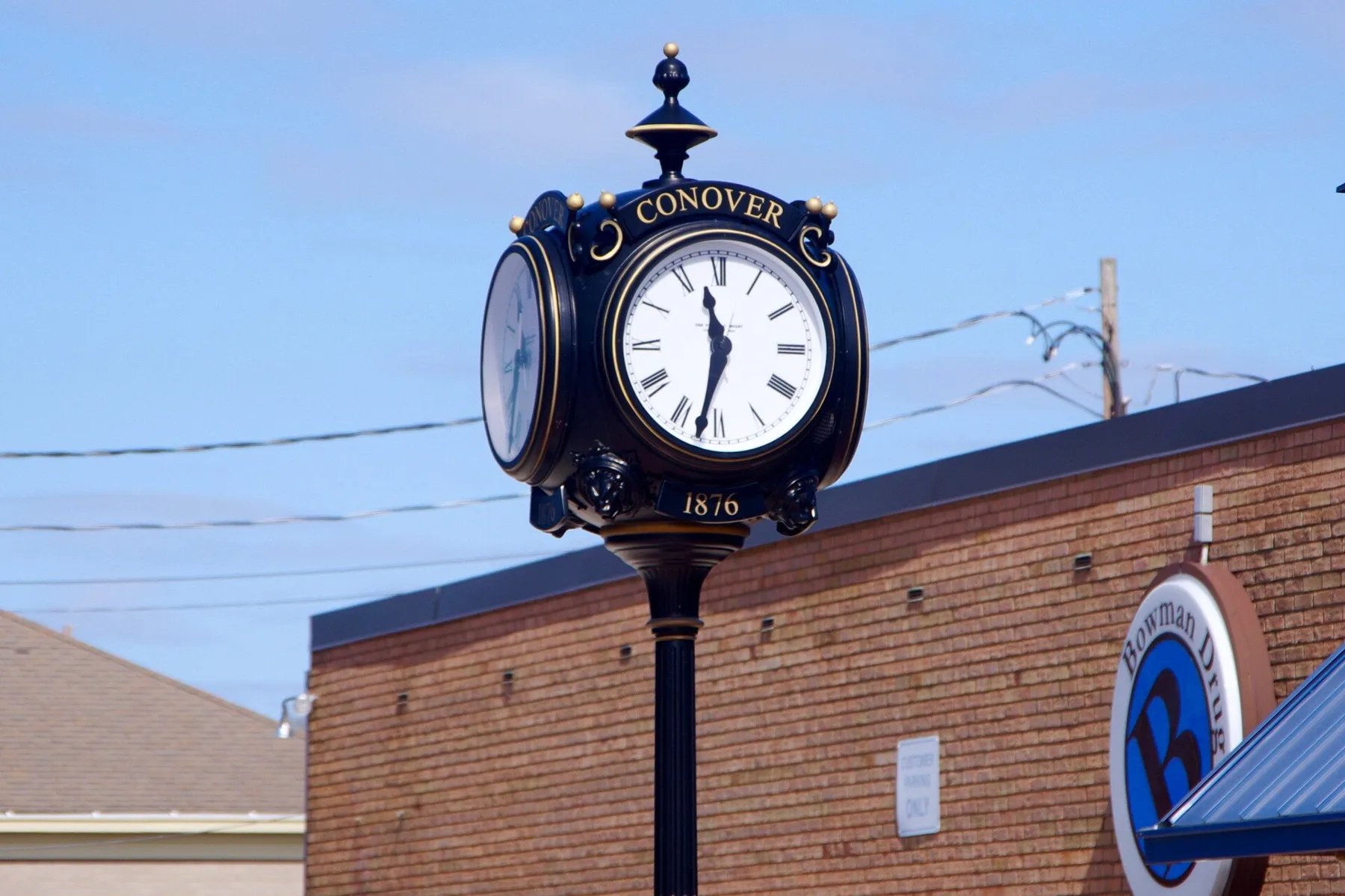 The Conover street clock, marked 1876, in downtown Conover, NC