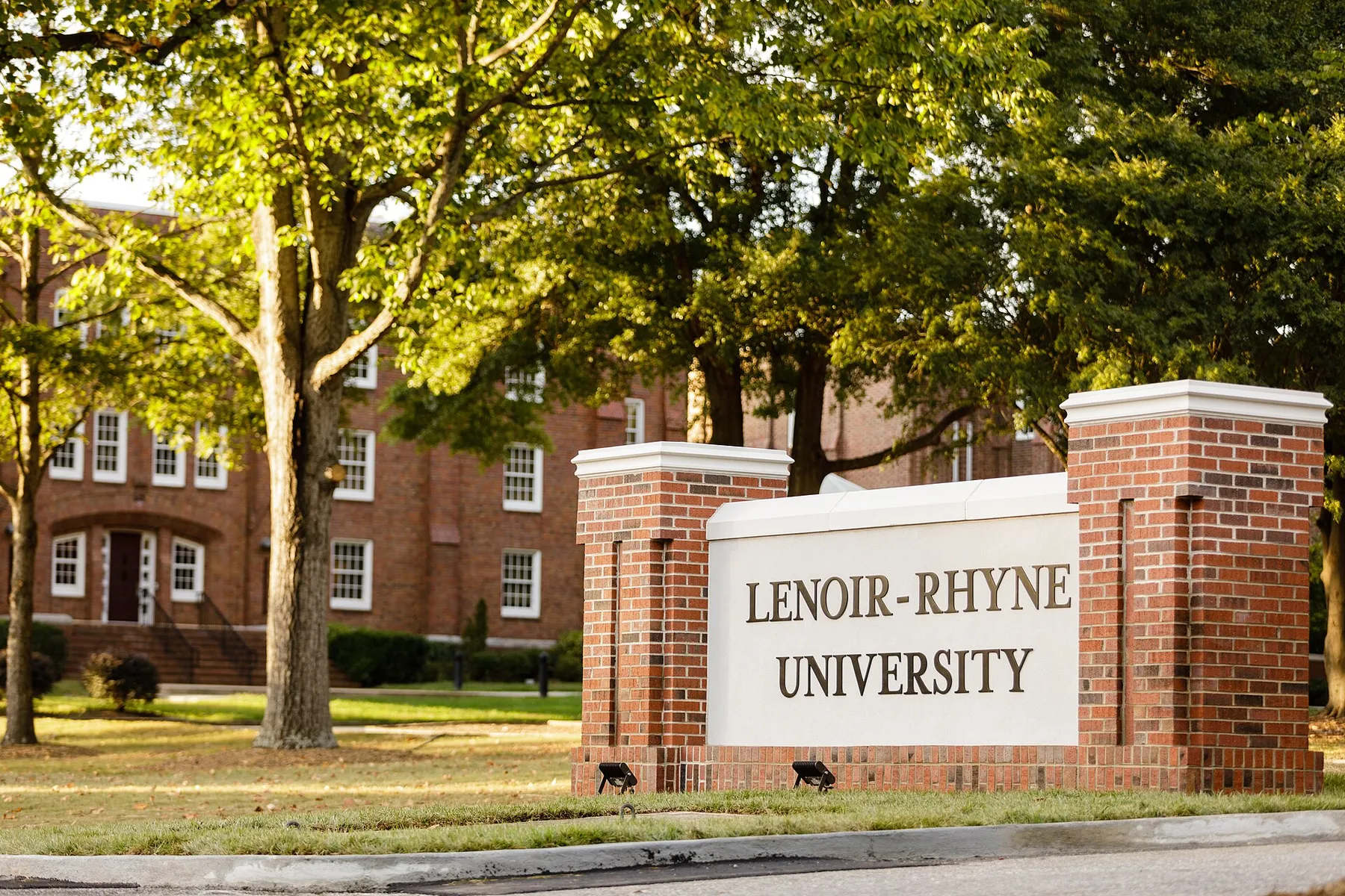 The Lenoir-Rhyne University entrance sign on campus in Hickory, NC