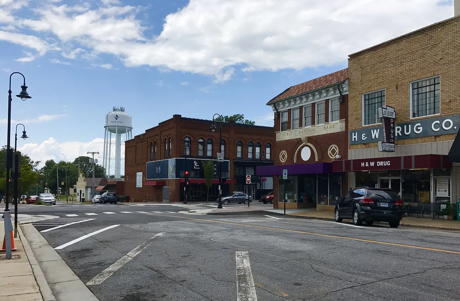 Downtown Newton, NC, with the town water tower in the distance